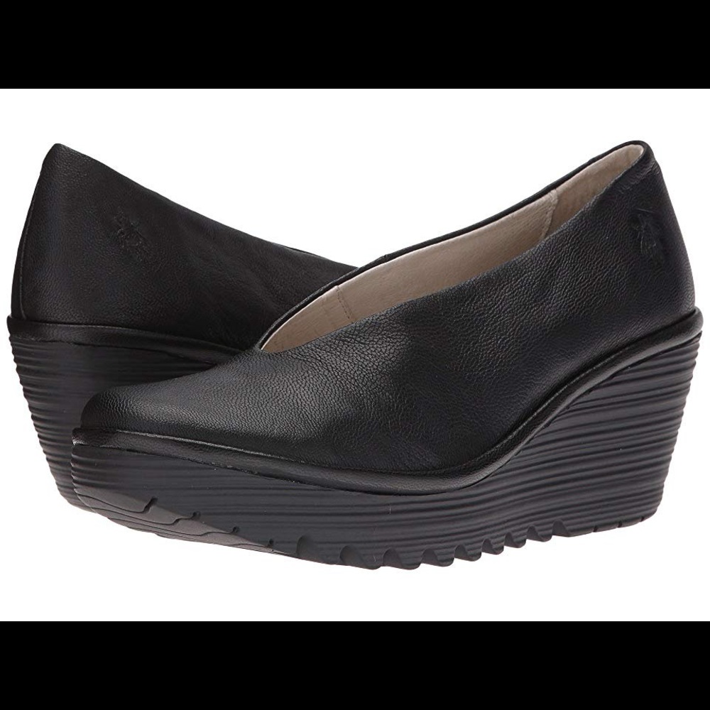 Fly London Yaz Black Leather Wedge Shoes